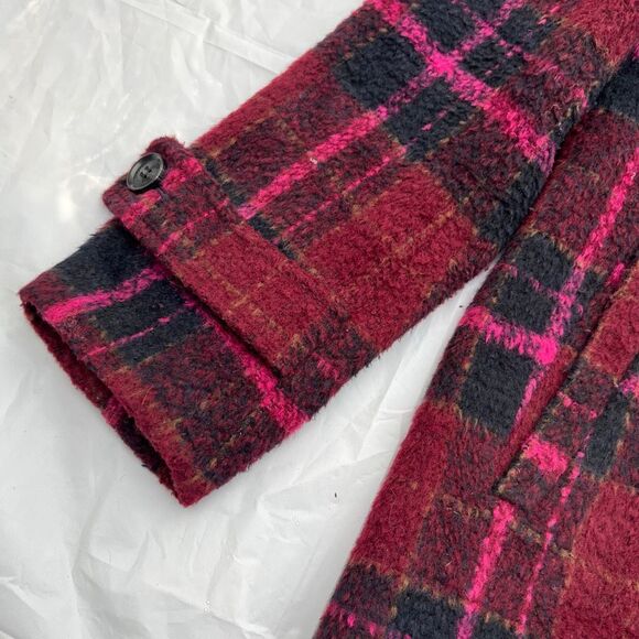 Sam Edelman Pink Red Plaid Coat | Wool Blend Double Breasted Peacoat - Picture 8 of 12